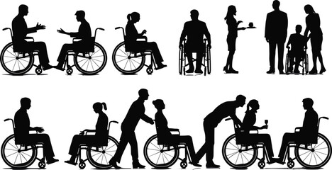 Disabled people silhouettes set, men and women in wheelchairs, social interaction and assistance scenes, black vector figures isolated on white background