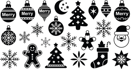 Extensive vector collection of black silhouette icons featuring Christmas ornaments, decorated trees, Santa Claus face, gingerbread man, snowflakes, stocking, and candy cane, ideal for winter holiday 