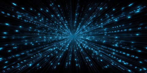 Glowing blue digital code streams intensely converge toward a central vanishing point in darkness