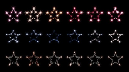 A collection of twenty-four glowing star shapes arranged in four rows with varying hues including pink, neutral, blue,