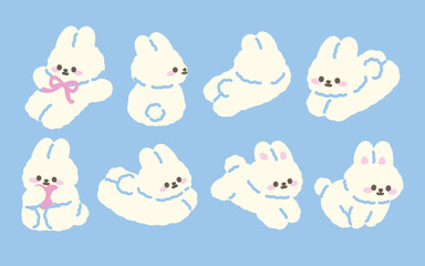 Set of Cute Bunny. Hand drawn Cartoon kawaii style. Vector. flat design. 