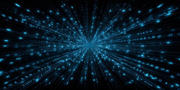 Glowing blue digital code streams intensely converge toward a central vanishing point in darkness