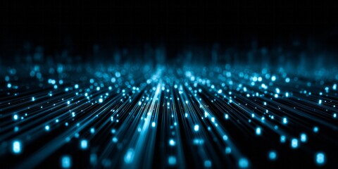 Numerous glowing digital particles stream outward across a dark, futuristic surface.