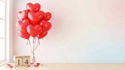 Romantic Valentine's Day surprise with heart balloons and calendar marking February 14, perfect for love and celebrations everywhere