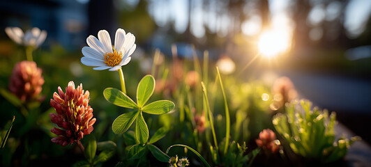 Dewy wildflowers blooming in golden sunlight at dawn