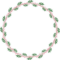Round wreath frame of green leaves and red berries