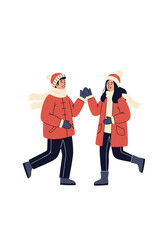 Two friends in warm red coats enjoy a playful winter walk together wearing matching scarves and mittens under a crisp chilly sky.