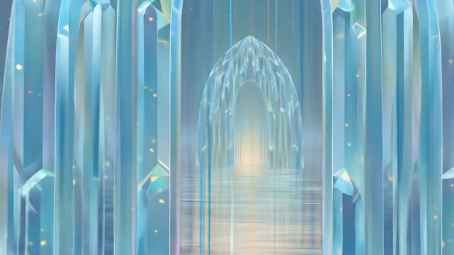 An icy, crystal-like structure stands tall, reflected in calm waters under a starry sky