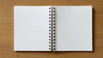 An open notebook with blank pages rests on a wooden surface,