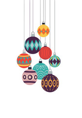 Colorful Christmas ornaments hang from thin strings against a white background showcasing festive patterns and geometric shapes.