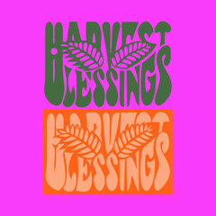 Green and orange harvest blessings text with wheat and leaves