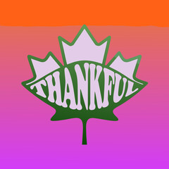 Green outline maple leaf with thankful script text