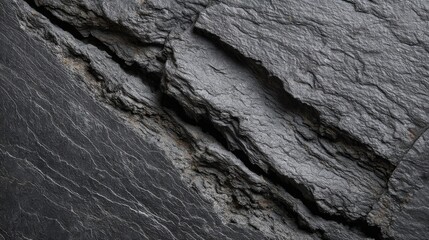Close-up of dark textured rock with rugged surface and visible striation patterns,