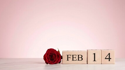 Stunning red rose alongside February 14th date blocks creating romantic Valentine's Day atmosphere perfect for greetings and promotions