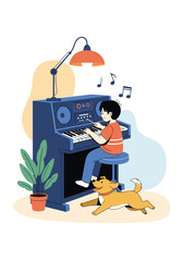 Young boy plays a blue keyboard piano at home while his friendly dog lounges nearby under a warm lamp and a green plant.