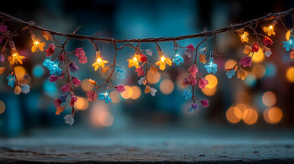 Colorful fairy lights with leaves creating a whimsical atmosphere