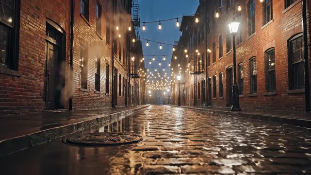 Urban rain: immersive ambiance with wet cobblestone, glowing lights and brick buildings