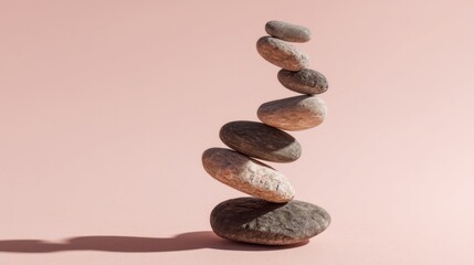 A delicate stack of smooth rounded stones balances vertically against a soft pink background,
