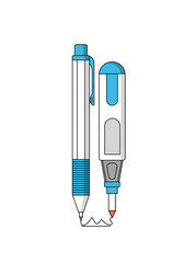 Detailed illustration of a mechanical pencil and a white blue marker standing together on a clean white background for study office and art use.