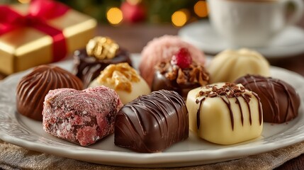 assorted luxury chocolates on white plate with elegant festive details