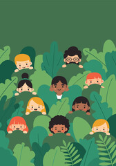 Diverse group of children peers over large green jungle leaves creating a playful scene of curiosity and teamwork as they explore a lush outdoor world together.