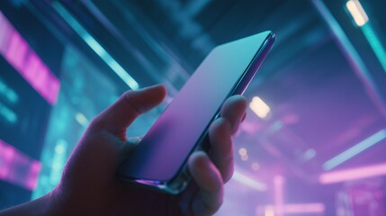 futuristic neon smartphone mockup in hand with clean sci fi background