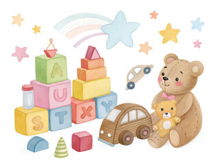 Fototapeta premium A sweet teddy bear holding a small bear, surrounded by colorful alphabet blocks, wooden cars, and&nbsp;shining&nbsp;stars.
