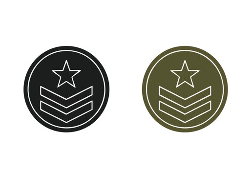 Military rank insignia emblems depicted in black and olive green circles with chevron stripes and a star - Powered by Adobe