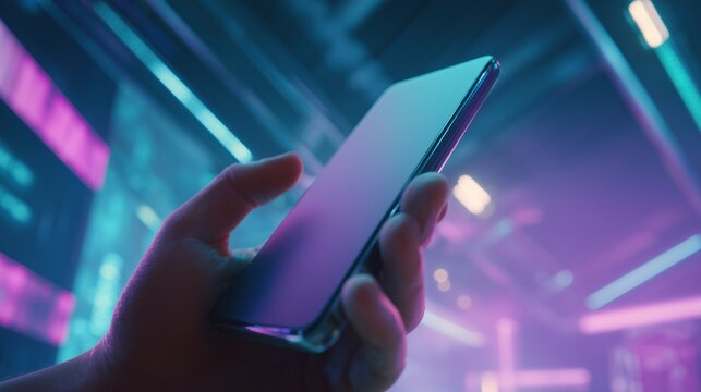 futuristic neon smartphone mockup in hand with clean sci fi background - Powered by Adobe