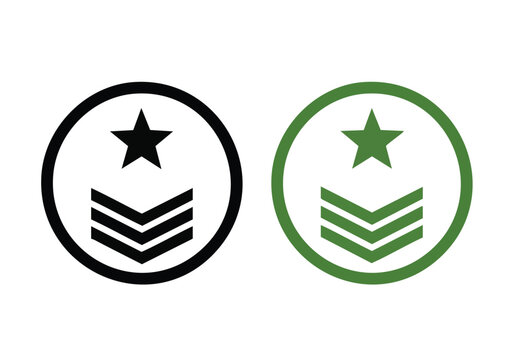 Military rank insignia in black and green circles representing service and achievement displayed for informational and design purposes