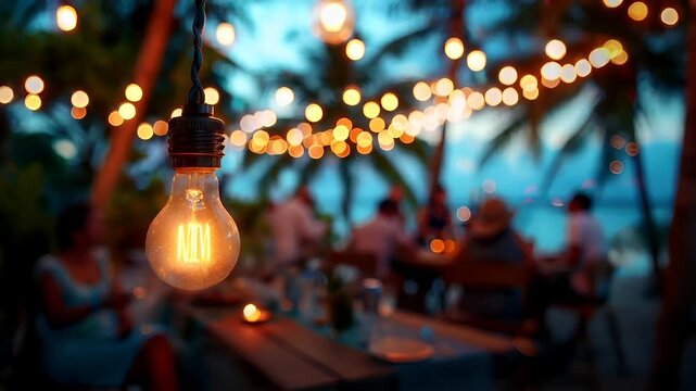 A closeup shot of a light bulb hanging from a string of lights, with a blurred background of palm trees and bokeh lights. The light bulb is the main subject.