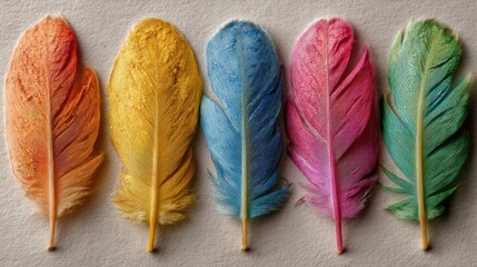 Five colorful feathers arranged side by side create a visually pleasing pattern. Orange, yellow, blue, pink,