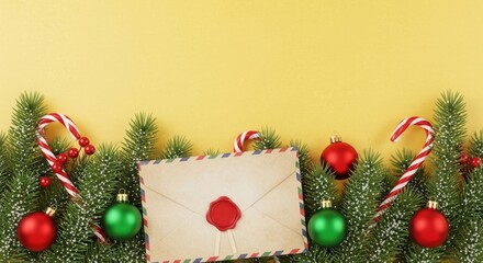 Send joyful holiday greetings with this festive Christmas envelope and decorations on a sunny yellow backdrop