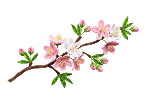 Delicate cherry blossom branch vibrant pink white flowers fresh green leaves, isolated on transparent background
