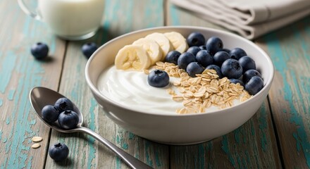 Start your day right with a delicious bowl of yogurt, blueberries, banana, and oats for wholesome energy