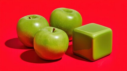 Three green apples placed beside a shiny green cube on a vibrant red background, creating a striking color contrast.