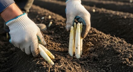 Harvesting fresh white asparagus from fertile soil in agricultural field, farm to table concept