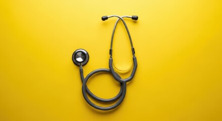 Modern gray stethoscope on vibrant yellow backdrop offers clean aesthetic for healthcare marketing material