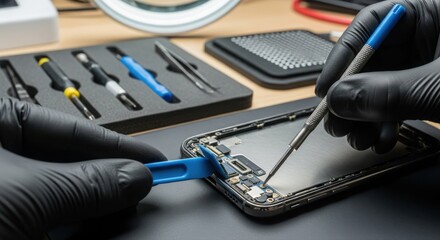 Mobile phone repair with specialized tools and gloved hands