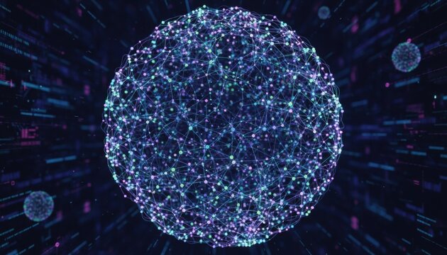 Abstract glowing network sphere representing global connectivity data flow digital transformation and futuristic technology innovation concept