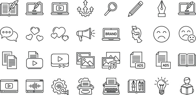 Content creation and digital marketing line icons set featuring writing, branding, social media engagement, video production, advertising tools, creativity elements, and communication symbols