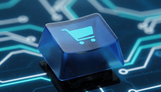 A glowing shopping cart keycap on a futuristic circuit board symbolizing digital commerce innovation and global online retail trends in modern tech era