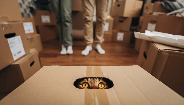 A curious cat peeking from a cardboard box during a home relocation scene representing moving day stress humor and pet adaptation in family life