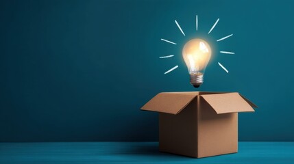 An open cardboard box with a glowing light bulb emerging,