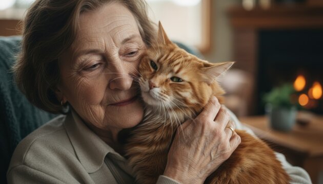 Senior woman cuddling ginger cat by warm fireplace expressing comfort companionship pet love home serenity and emotional bonding moment