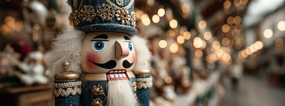 Colorful nutcracker decoration with blurred holiday lights background - Powered by Adobe