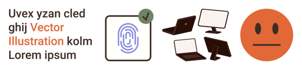 Identity security, digital authentication, user experience, online protection, technology, approval concept. Fingerprint scanner, electronic devices and neutral emoticon. Identity security