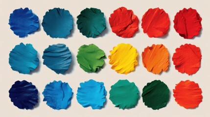 Colorful paint swatches arranged neatly in three rows showcase vibrant shades of blue, green, yellow, orange, red,