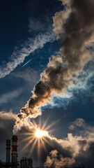 An industrial plant with billowing smoke against a vibrant sky, airplane flies above, sunlight bursts through clouds, creating contrast.