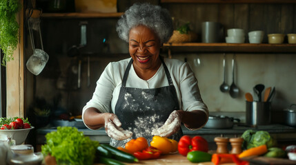 Middle-aged African American woman joyfully preparing healthy meals in a cozy kitchen filled with fresh vegetables